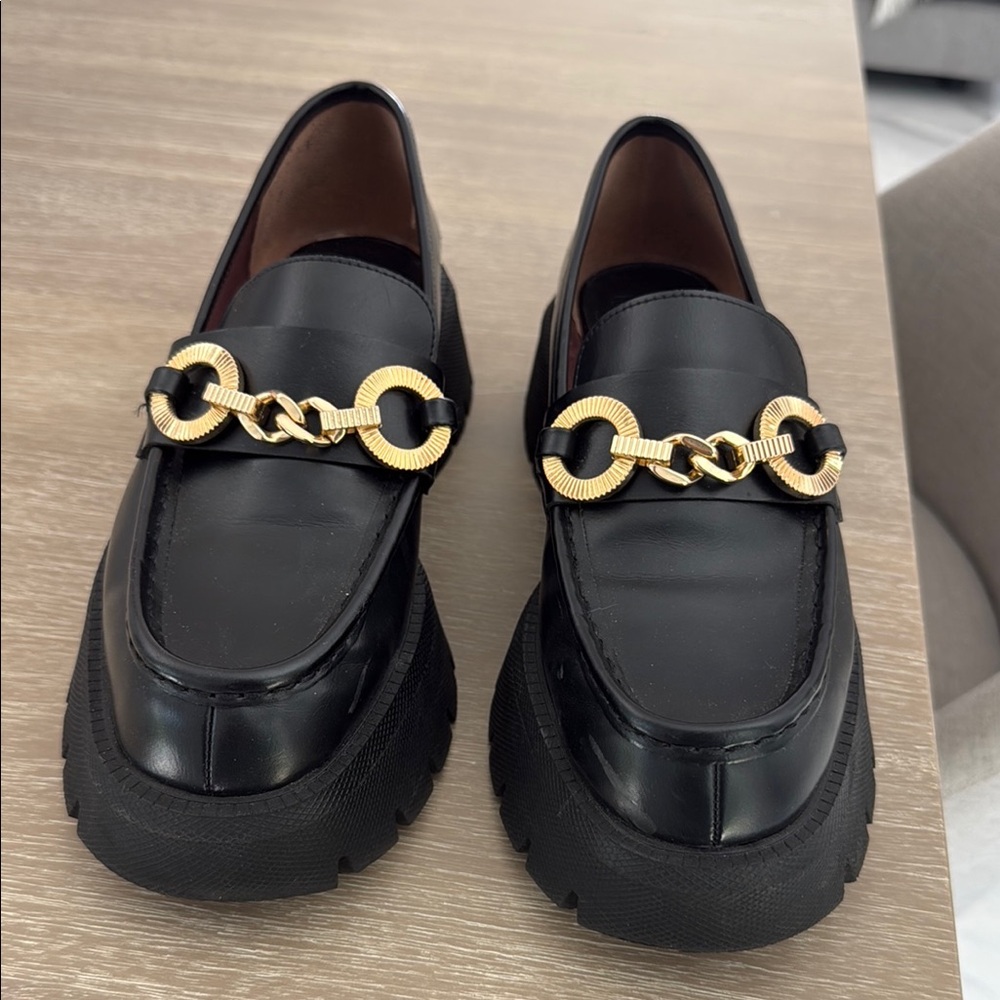 Zara Black Loafers with Gold Chain Accent